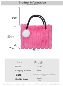 Pink plush tote bag dimensions 27x22x7cm with handle height and weight details