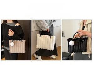 Three lifestyle views of plush striped tote bags with woven handles and fur pom charms