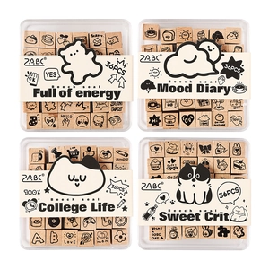 Set of 4 wooden rubber stamps with 36 pieces each featuring cute cartoon DIY themes