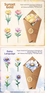 Detail of floral gold foil material paper showing elegant flower bouquet DIY bookmarks