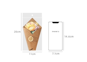Detailed dimensions of 3D floral greeting card showing height and width comparison