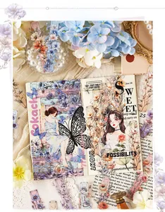 Detailed view of vintage floral stickers with aesthetic flowers and butterflies on a desk