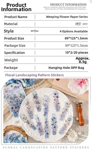 Detailed view of floral PET stickers with gold foil accents and product specifications