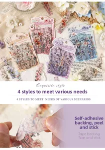 Macro detail of transparent PET floral stickers with waterproof vintage botanical patterns