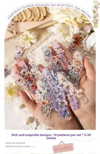 Detailed view of floral PET stickers for DIY scrapbooking with transparent botanical designs