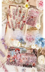 Macro detail of vintage rose floral collage stickers and 20pcs decorative paper set