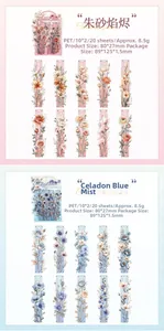 Detailed PET floral stickers in warm red and cool blue tones for DIY journaling scrapbooks