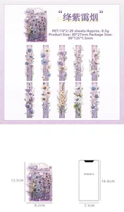 Detailed size guide for Amaranth Mist floral PET stickers with smartphone scale comparison