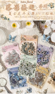 Macro detail of retro floral PET stickers with hollow edges and vintage butterfly patterns