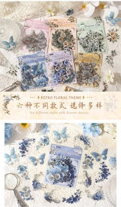 Macro detail of retro floral and butterfly scrapbooking stickers with 20 pieces per pack