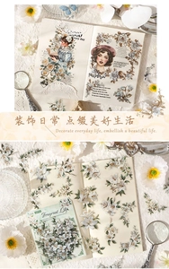Detailed close-up of Fragrant Lily vintage waterproof stickers on a creative desk