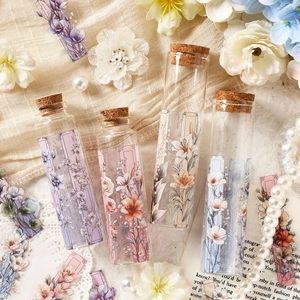 Waterproof PET floral stickers set featuring four glass vials with cork stoppers for DIY scrapbooking