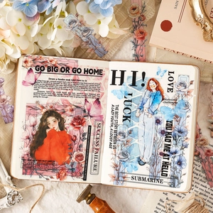 Vintage floral scrapbooking stickers with roses and butterflies on a decorative journal page