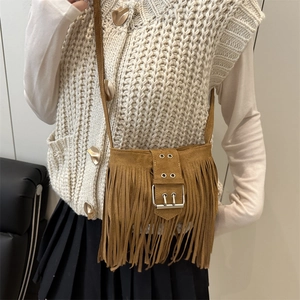 Brown faux suede bohemian fringe crossbody bag with metal buckle and long tassels