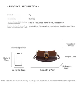 Detailed size specifications for brown vintage faux suede shoulder bag with strap dimensions