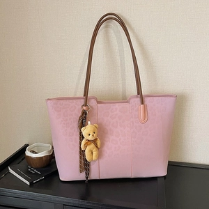 Women Leopard Print Tote Bag PU Leather Large Capacity Shoulder Handbag With Teddy Bear Charm Fashion Commuter Retro