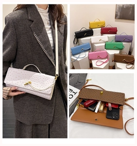 Detailed view of ostrich pattern handbag showing interior capacity and multiple color options