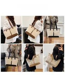 Collage of canvas tote bags with leather trim in three colors for fashion styling