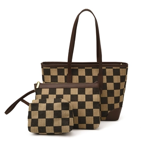 Driedelige geblokte canvas shopper set met bruine lederen bies en ritssluiting
