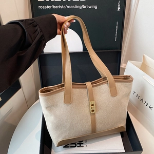 Women Canvas PU Leather Patchwork Tote Bag Large Capacity Shoulder Handbag With Metal Buckle Casual Commuter Fashion
