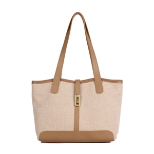 Large capacity tote bag with beige canvas, brown leather trim, and a gold metal buckle