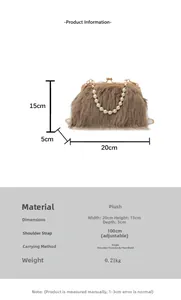 Borsa in peluche marrone 20x15x5cm con manico di perle e tracolla regolabile