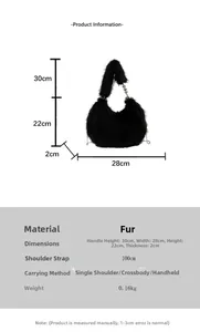Detail view of the black faux fur crescent bag with precise dimensions and chain strap