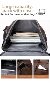 Detailed interior of brown PU leather backpack showing laptop compartment and pockets