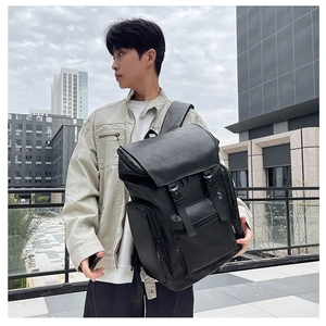 Waterproof black PU leather backpack for men with buckle closure and large capacity
