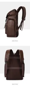 Detail of brown leather backpack featuring side zipper pocket and breathable mesh back