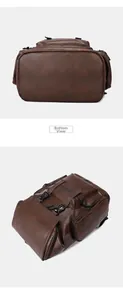 Detail view of the brown PU leather backpack showing bottom and multi-pocket side structure
