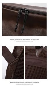 Detail of dark brown leather backpack with smooth zippers and reinforced stitching seams