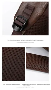 Detail of adjustable shoulder strap and breathable honeycomb mesh padding on backpack