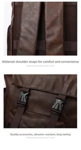 Detail of wide shoulder straps and breathable mesh padding on brown leather backpack