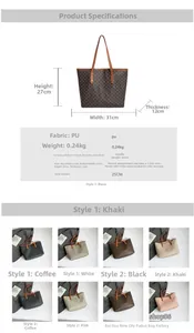 Detailed size chart and multi-color selection of the casual PU leather tote bag