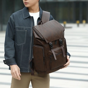 Waterproof dark brown faux leather backpack with vintage buckles and multi-pocket design