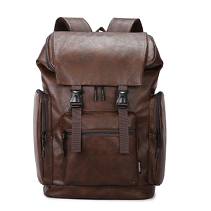 Waterproof brown PU leather backpack for men with multi-pocket large capacity design