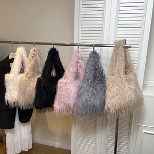 Furry plush tote bag in six colors featuring long faux fur texture and hobo style