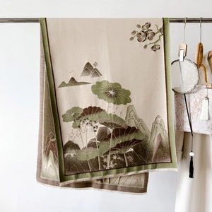Detail of lotus pattern shawl with elegant ink painting and green trim for women