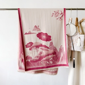 Detailed view of elegant lotus patterns on a thick faux cashmere winter shawl