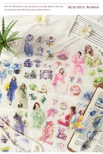 Vista piatta di adesivi PET vintage con figure di moda e motivi floreali su pelliccia