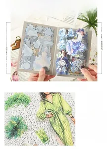 Dettaglio di adesivi decorativi in PET impermeabili con temi di fiori e figure per fai da te