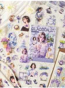 Dettaglio di 20 adesivi vintage viola con fiori e donne per scrapbooking fai-da-te