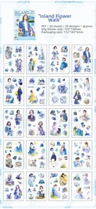 Dettaglio del set di adesivi in PET con temi floreali e 20 design vintage per scrapbooking