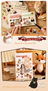 Scrapbook-Layout mit niedlichen Plüschtier-Aufklebern und Illustrationen von Hasen und Füchsen