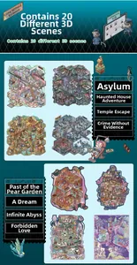 Detail view of 20 isometric 3D scene stickers for tabletop games and scenario roleplay