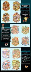 Detailed view of 12 miniature isometric scene stickers featuring dreamlike fantasy themes