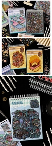 Detail view of gothic and mystery themed sticker book pages with isometric illustrations