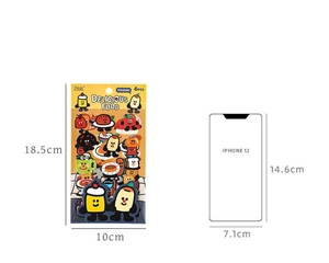 Size reference for cartoon food stickers with packaging and iPhone scale comparison