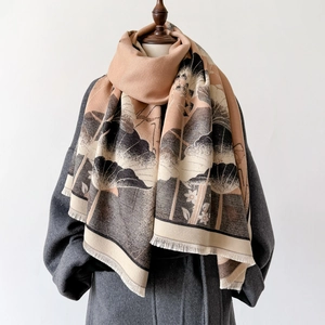 Elegant lotus flower cashmere-like winter shawl with fringes for women in camel color